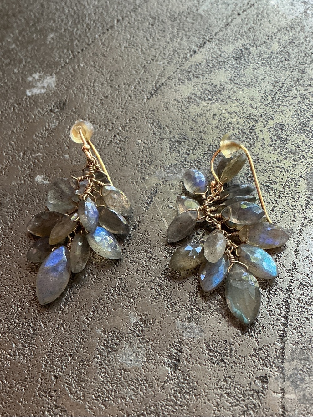 Arhaus Handcrafted Gold Wire Wrapped Faceted Labradorite Cluster Earrings